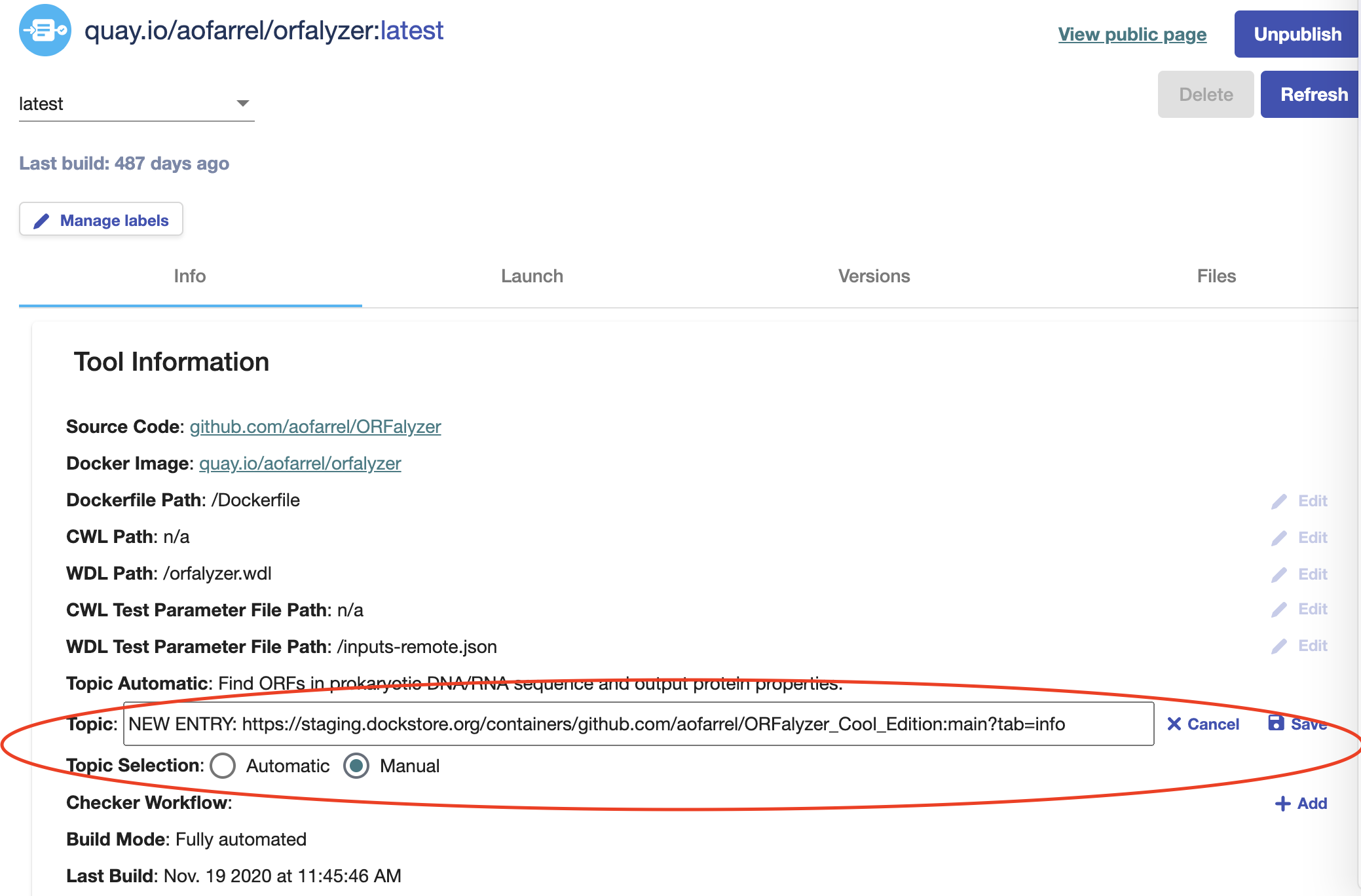 Screenshot of an old tool's entry topic field linking to a new one, with the topic field circled in red