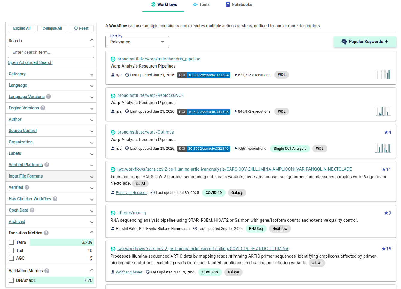 Metrics search facets